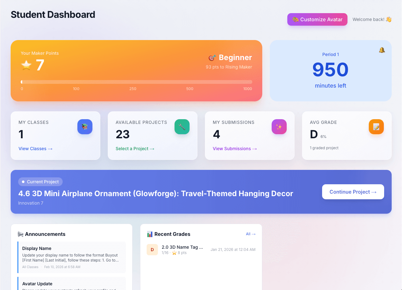 MakerHub student dashboard screenshot