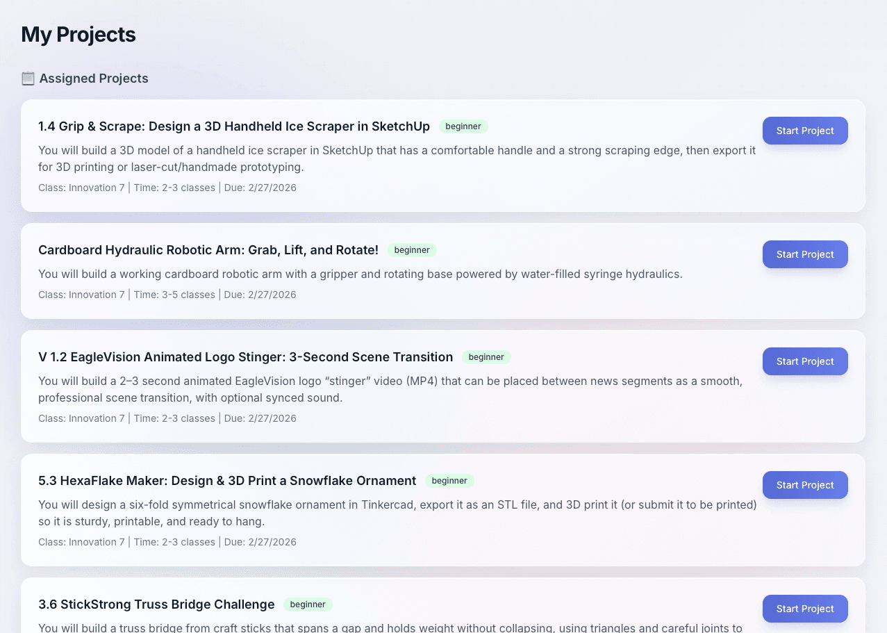 MakerHub student projects page screenshot