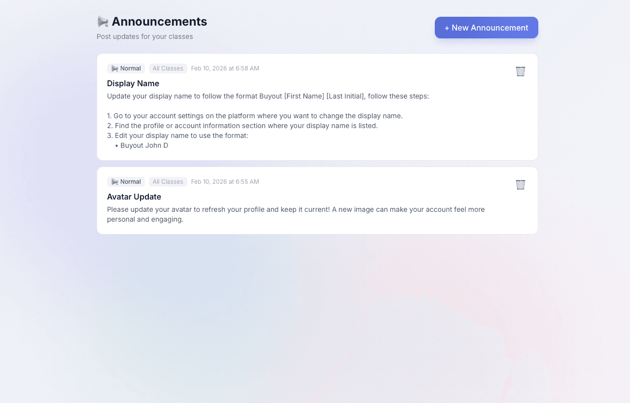 MakerHub teacher announcements screenshot