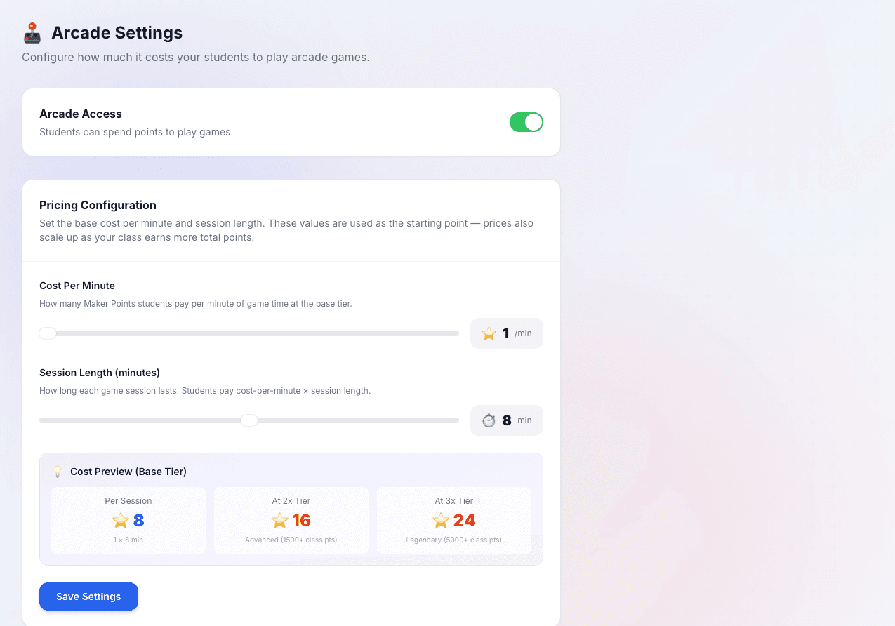 MakerHub arcade settings screenshot