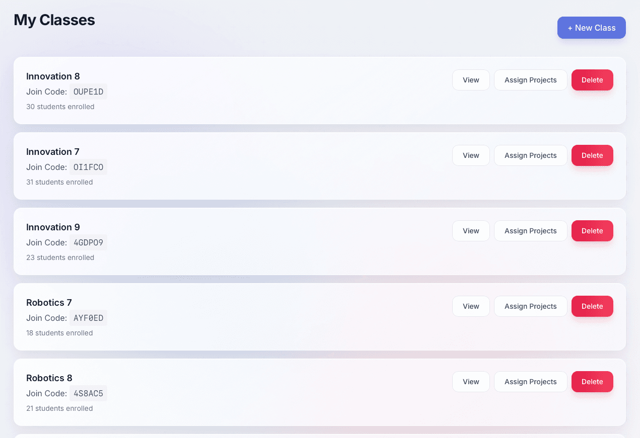 MakerHub teacher class management dashboard screenshot
