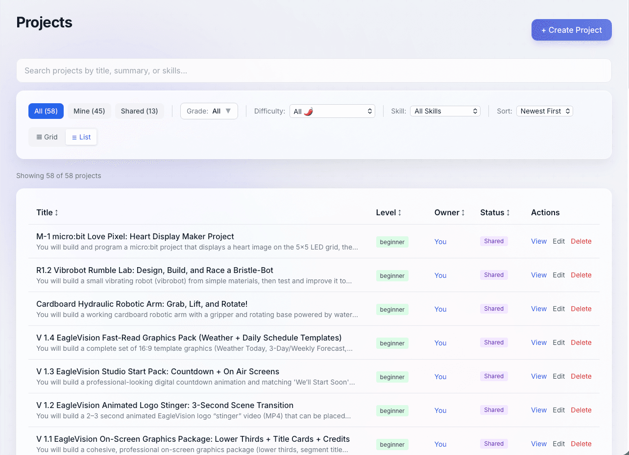 MakerHub teacher project library screenshot