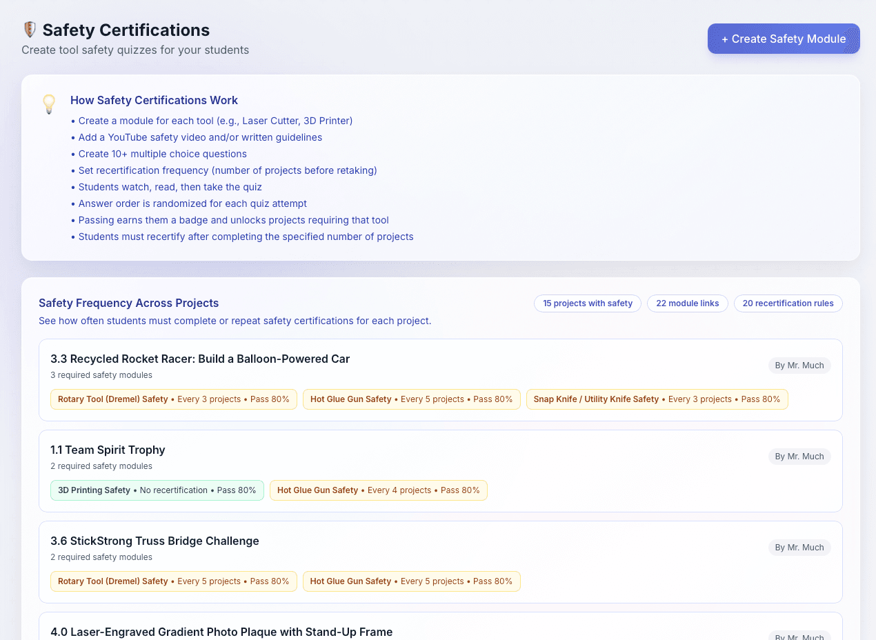 MakerHub safety certifications screenshot